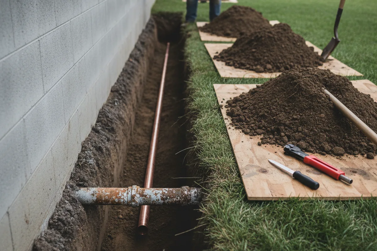 Excavated water line trench during Sewer Line Repair in Bruceton Mills